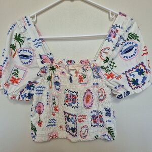 NWT Monteau Los Angeles Women’s White Smocked Puff Sleeve Crop Top – Small